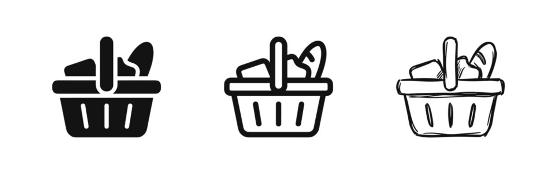 Shopping basket with groceries icon set, depicting food items for market and retail themes in multiple styles.