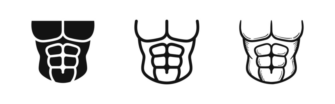 Abdominal muscles (six-pack) icon set, representing fitness, bodybuilding, and strong physique in varied styles.