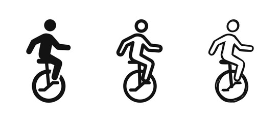 Set of Unicycle Icons, Person Riding Unicycle in Solid, Outline and Hand Drawn Styles © drawing lines