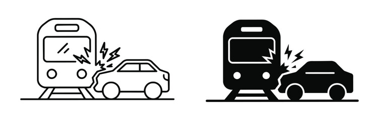 Train hit car. Illustration vector. Train crashing into car icon in black and white line art style. © Jannat