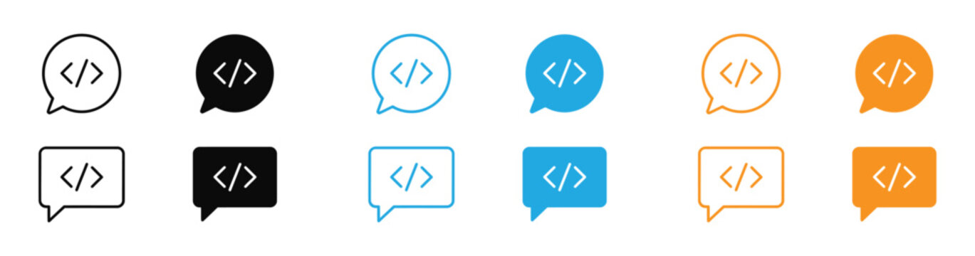 Software development chat bubble icons - Solid vector icons - Clipart, sticker - icon set - Editable modern style icon. Collection of coding chat icons in various colors and styles for web design.
