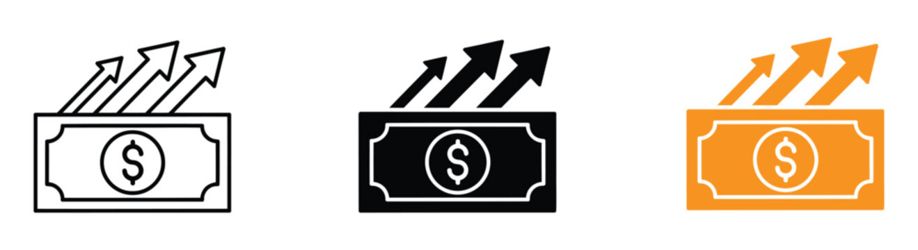 dollar bills stack icon in different style vector illustration. Three money icons with arrows pointing up representing financial growth and success.
