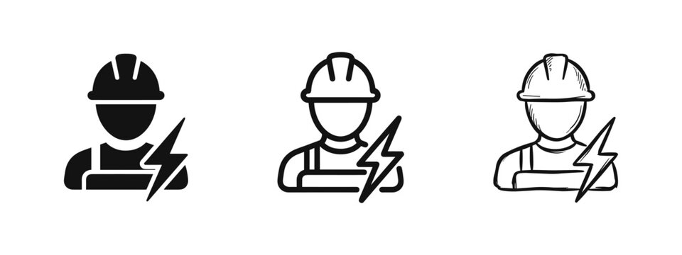 Set of three electrician icons, construction worker with hard hat and lightning bolt sign