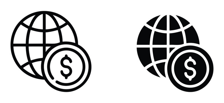 Global finance icon with globe and dollar coin. Worldwide economy, international business, trade, offshore banking, and global market vector.