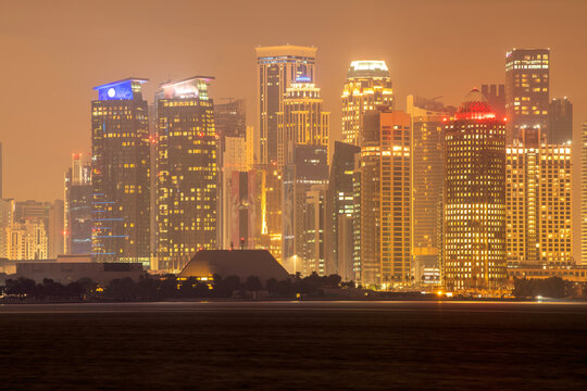 Doha, Qatar - February 04, 2024: new Doha skyline at sunset sunrise	