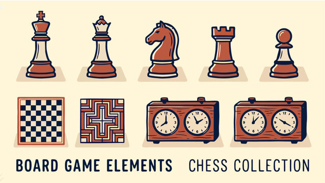Vintage Chess Board Game Elements Vector, Retro Wooden Clock and Pieces Collection Set