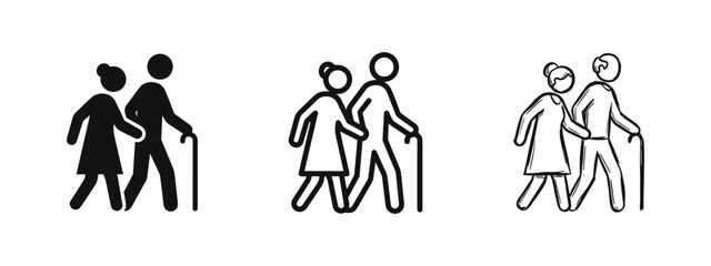 Fototapeta premium Elderly couple walking with cane icon set, seniors, retirement concept, doodle style