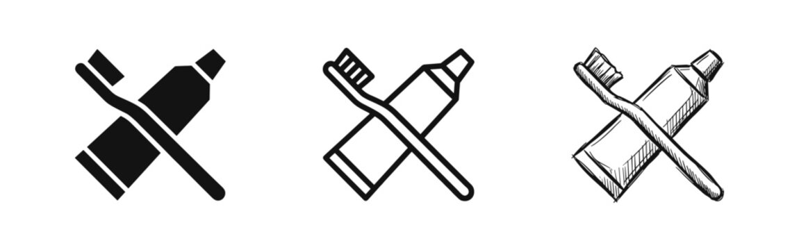 Toothbrush and toothpaste tube icon set, hygiene concept, sketch and flat styles