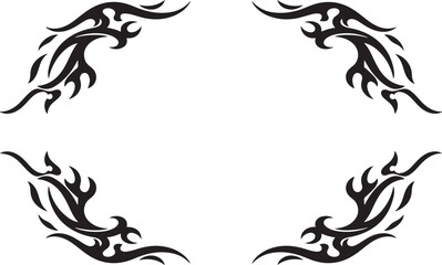 Tribal ornament designs feature four stylized flame patterns arranged symmetrically. © Crushin