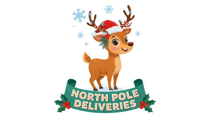 Fototapeta premium Cute reindeer wearing a santa hat with north pole deliveries sign isolated on a transparent background