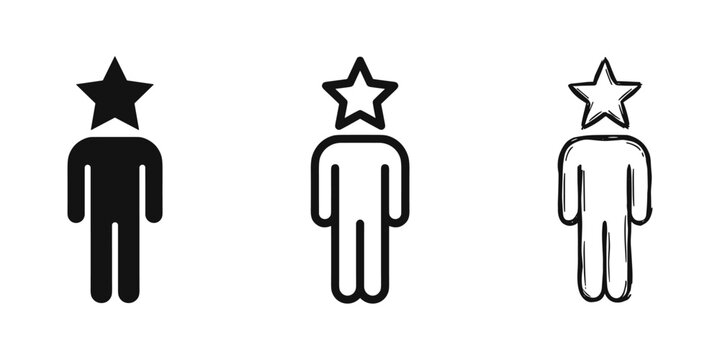 Star Head Person Icons Representing Success and Fame in Three Styles