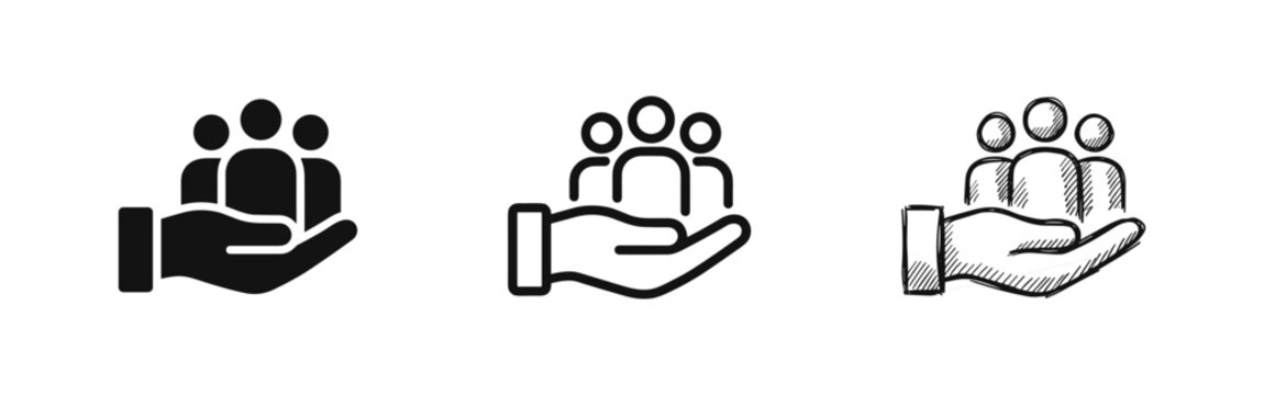 People in hand icon set, team support and care concept