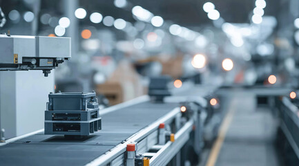 Obraz premium Industrial equipment sits on a factory conveyor belt with warm blurred lights glowing in the background.