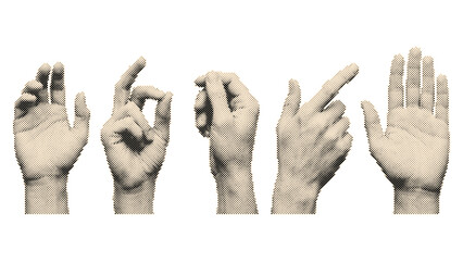 Five stages of hand gestures showing different finger positions in vintage retro halftone vector with circle dots pattern isolated on transparent b... © Scenic Vault 