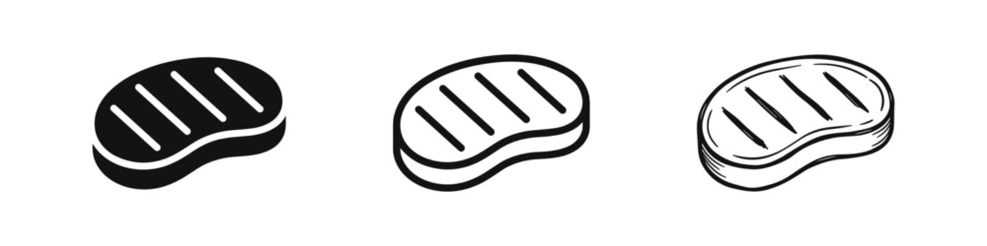 Set of beef steak icons in flat, outline, and sketch styles