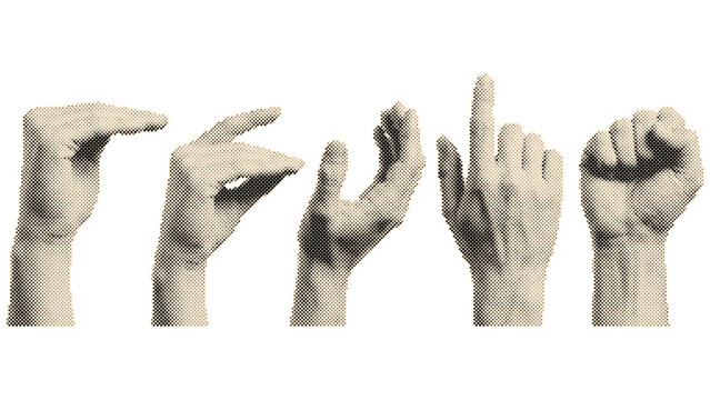 Five human hands pointing in different directions vintage retro halftone vector illustration with circle dots pattern isolated on transparent backg...