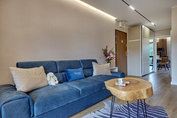 Salon w nowoczesnym apartamencie z niebieską kanapą  i drewnianym stolikiem kawowym © arteffect.pl