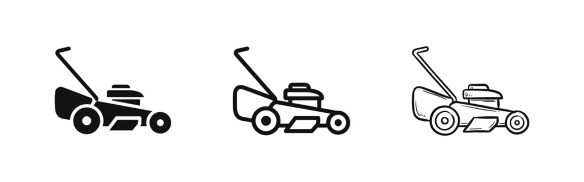Lawn mower icon set, gardening tool and landscaping equipment