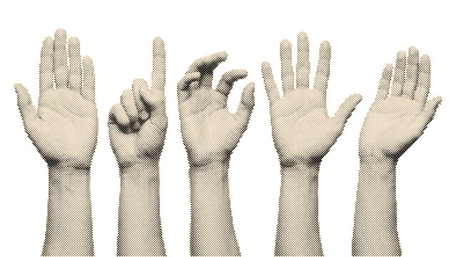 Five raised human hands in a row with vintage retro halftone circle dots pattern illustration isolated on transparent background