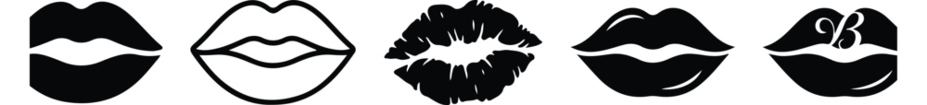 Set of diverse lip icons and kiss marks in black silhouette