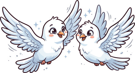 Obraz premium Cute cartoon dove pair illustration, adorable white birds with spread wings, kawaii vector characters isolated on white background artwork