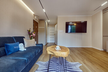 Salon w nowoczesnym apartamencie z niebieską kanapą  i drewnianym stolikiem kawowym © arteffect.pl
