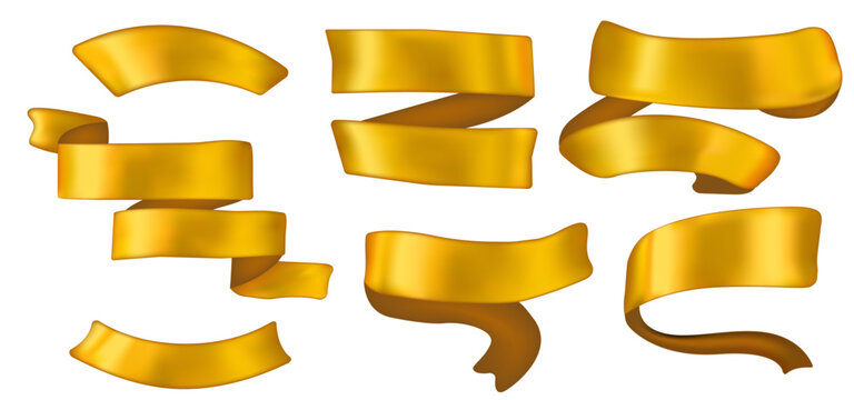 3d ribbon band gold banner for title. Golden sign ribon. Yellow tag vector for label color tape and elegant scroll shape. Isolated achievement design for winner or promo offer long shiny satin style