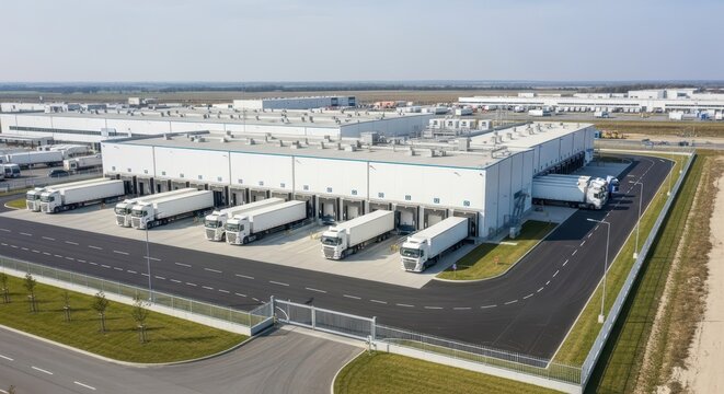 Expansive modern industrial warehouse complex featuring multiple loading docks and semi-trailer trucks in daylight