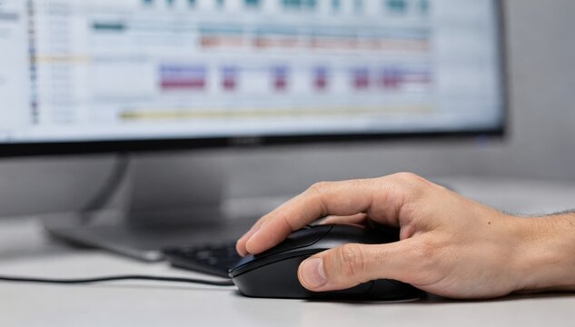Focused view of search results listing multiple music tracks in a rights database users hand navigating mouse with blurred background.