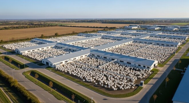 Expansive Modern Poultry Farm Complex Under Clear Daytime Sky, Aerial View