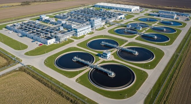 Expansive Wastewater Treatment Facility with Circular Clarification Tanks and Industrial Buildings