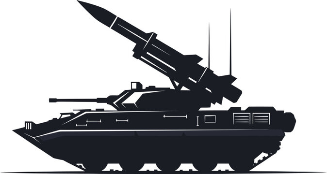 Silhouette of a military tank with a missile launcher system.