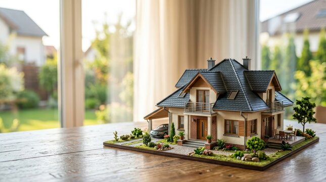 Detailed Model of Modern House with Garden on Table.