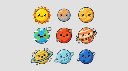 Cartoon planets and sun with faces © Corne
