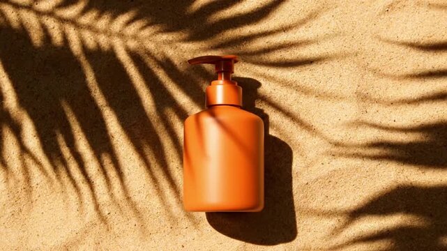 Orange pump bottle for sunscreen lotion placed on sandy beach with tropical palm leaf shadow in sunlight