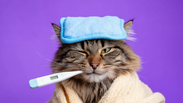 Static shot of tabby cat holding thermometer with cold pack on head wrapped in blanket on purple studio backdrop