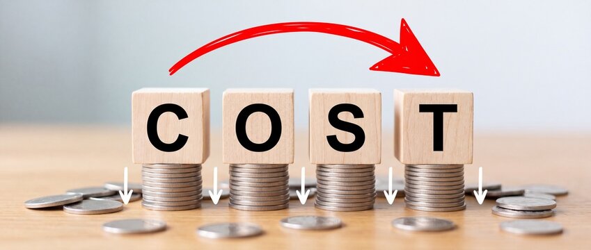 Wooden blocks spelling cost stacked on coins with red arrow indicating downward trend symbolizing cost reduction and financial savings representing economic efficiency