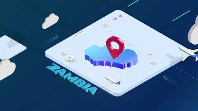 Isometric 3D Render of Zambia Map with Red Location Pin Pointer and Floating Airplanes