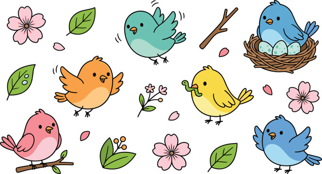 Cute Cartoon Spring Birds Twig Nest with Eggs and Cherry Blossom Vector Clipart Set