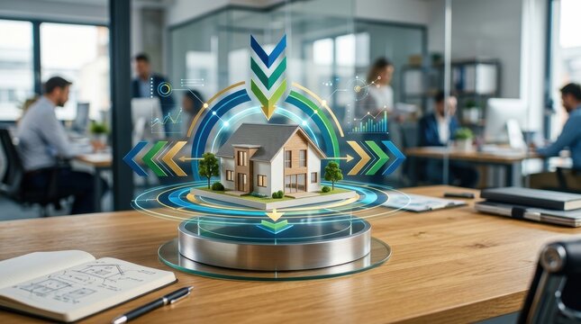 Real Estate Investment Concept with Digital House Model in Modern Office Environment.