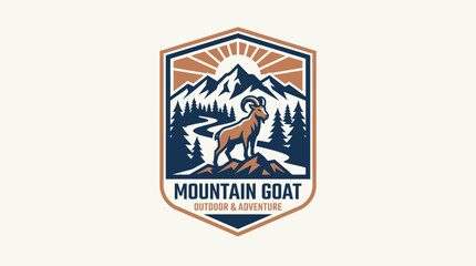 Fototapeta premium Mountain goat standing on a rocky outcrop amidst pine trees with a majestic mountain range in the background at sunrise.