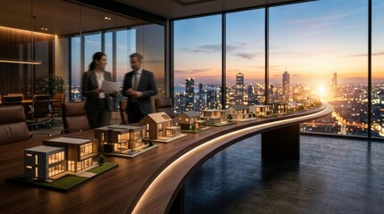 Obraz premium Modern Business Meeting in High-Rise Office with City View at Sunset.