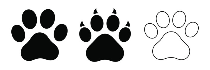 Obraz premium Paw footprint icon set, cute animal paw print symbols in different styles for pet care, veterinary and wildlife design vector illustration.