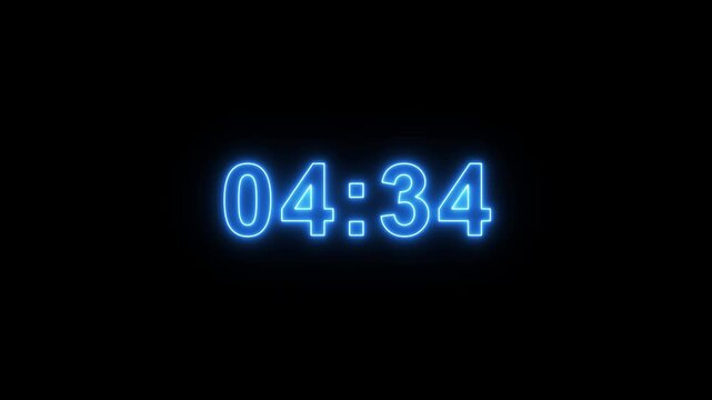 5 minutes countdown timer animation with glowing neon on black background with alpha channel. Blue neon digital number clock timer animation.