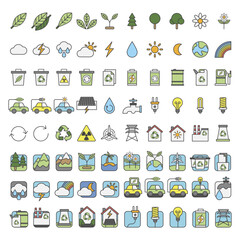 Naklejka premium Ecology and renewable energy icons set, sustainable environment vector symbols, 80 green technology and nature line icons for infographics