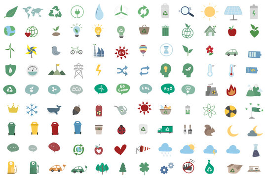 Eco friendly icons set, 112 flat ecology vector symbols, green energy and sustainability graphics, environmental conservation icons for web design