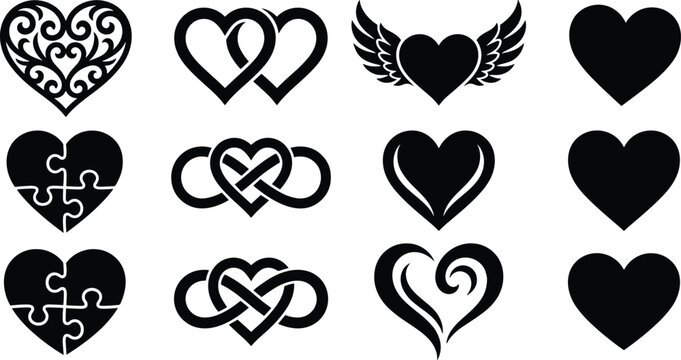 Black heart shapes vector set with infinity symbol wings puzzle pieces and filigree swirls for valentine day romance designs