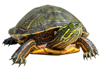 Obraz premium Isolated red-eared slider turtle with head out of shell isolated on white background