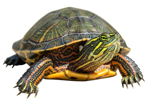 Isolated red-eared slider turtle with head out of shell isolated on white background