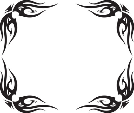 Tribal ornament design featuring abstract flames and eyes in a square frame